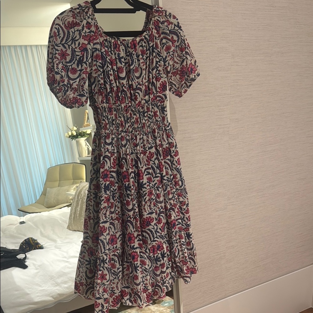 Pink and Red Smocked Puff Sleeve Midi Sundress